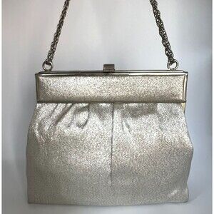 VTG Silver Metallic Evening Bag Chain Strap Ruched Glam Hollywood Party Clutch